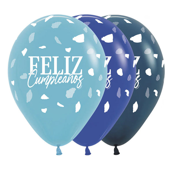 BOMBA GLOBO TAMAÑO R-12 INF FELIZ CUMPLEAÑOS TERRAZO AZUL X12 UNIDADES