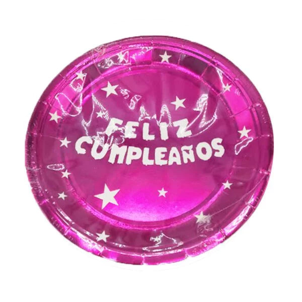 platos y vasos metalizados de feliz cumpleanos