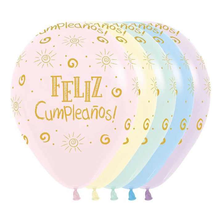 globos colores pastel estampado dorado feliz cumpleaños 